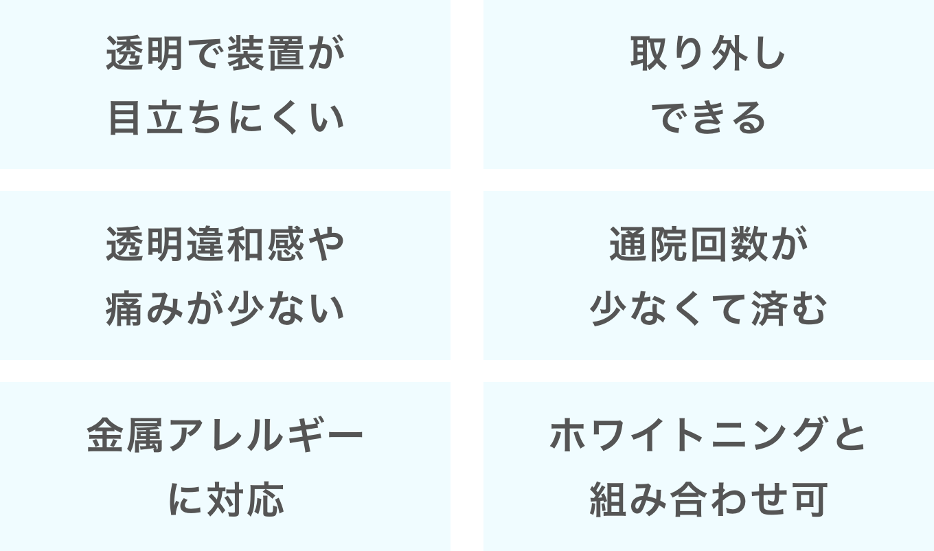 透明で装置が目立ちにくい/取り外しできる/違和感・痛みが少ない/通院回数が少なく済む/金属アレルギー対応/ホワイトニングと組み合わせ可